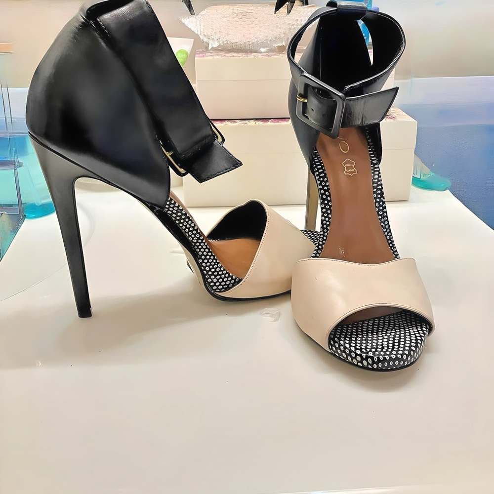 Aldo Black and Cream Heels with Ankle Strap